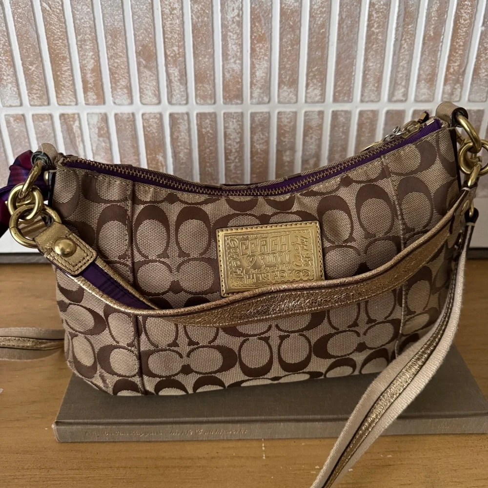 RARE Coach Poppy Tartan Applique Groovy Crossbody Shoulder Bag Brown Monogram - Picture 16 of 16